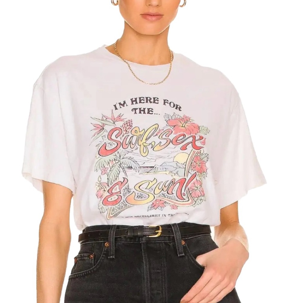 Re/Done White Graphic 'Surf, Sex & Sun' Short Sleeve Tee